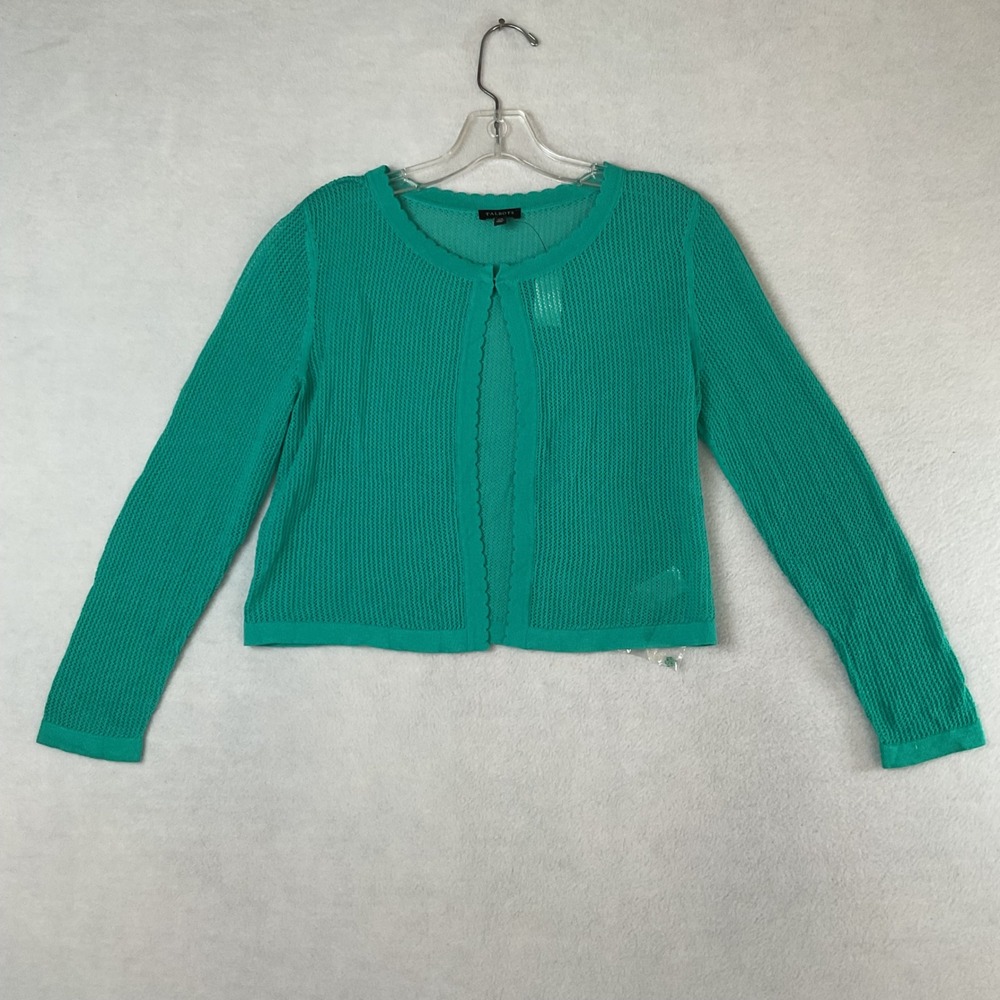 Talbots Womens XS Turquoise Green Open Knit Cropped Cardigan Scalloped Trim
